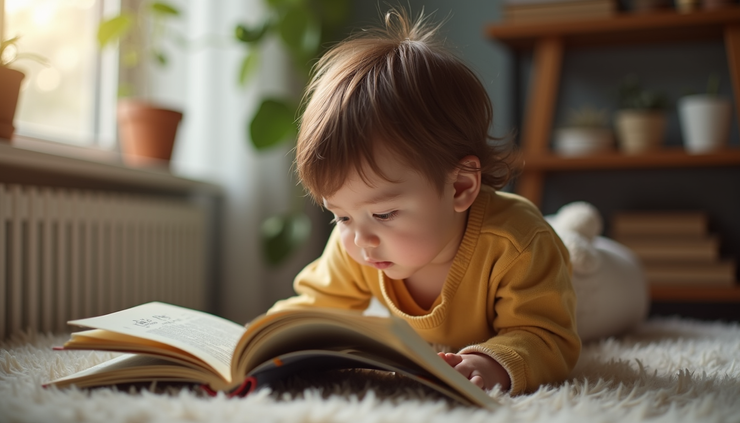 Eye-level view of a child reading a colorful bilingual storybook at home
