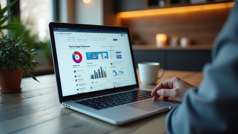 High angle view of a laptop showing social media promotion dashboard