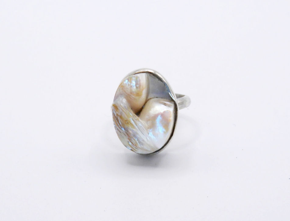 Silver statement ring with blister pearl