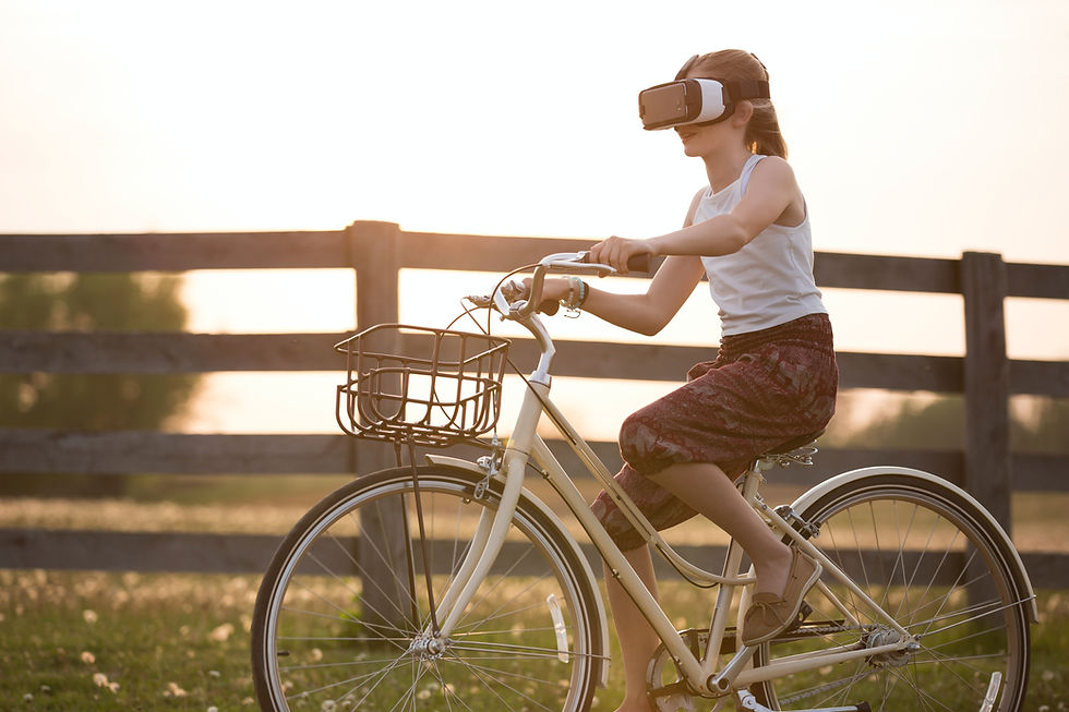 girl riding bike wearing VR lens