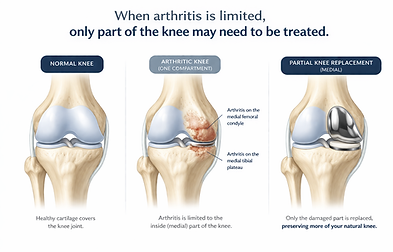 Illustration comparing partial knee replacement and total knee replacement, showing which parts of the knee are replaced in e