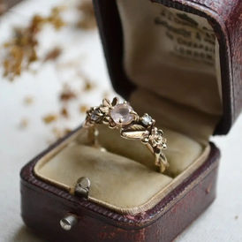 Rose Quartz Yellow Gold Engagement Ring With Floral Design