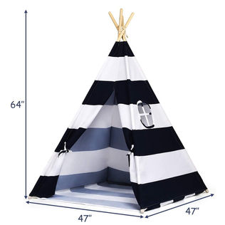 Kid Teepee Tent, Classic Indian Tent, 5' Cotton Canvas Baby Children Playhut with Carry Bag, Walls, Door, Window and Floor, Play Tent for Toddlers Boys and Girls (Blue & White Stripe)