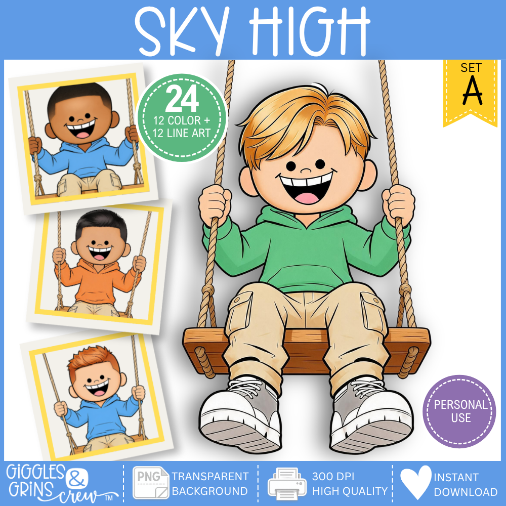 Sky High Boys on Swings Clip Art | Playground & Outdoor Play Graphics