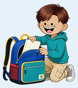 Smiling boy putting a notebook into his blue backpack Giggles and Grins crew