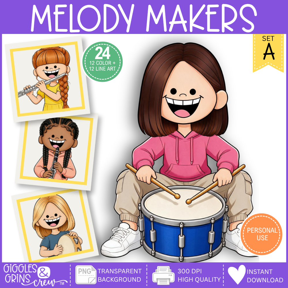 Melody Makers girls with instruments clip art - music classroom graphics