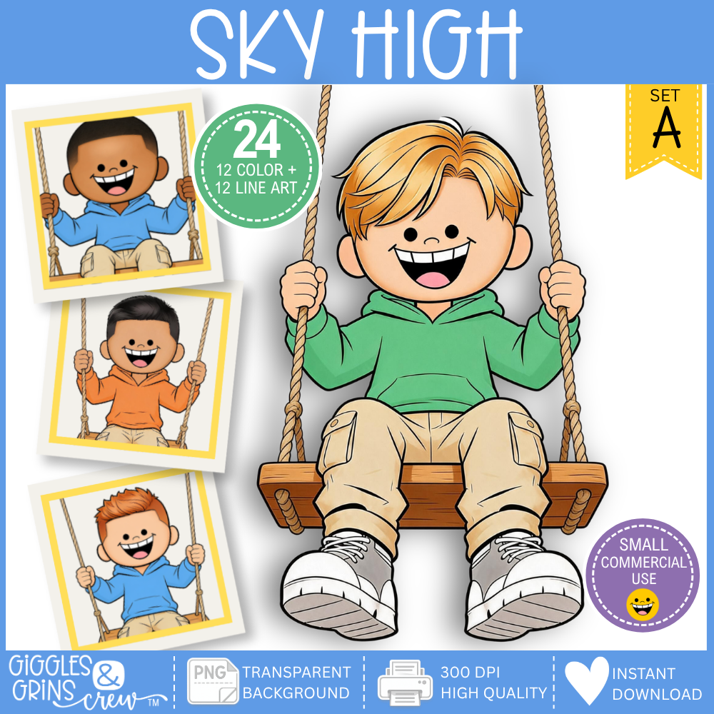 Sky High Boys on Swings Clip Art | Commercial Use Bundle