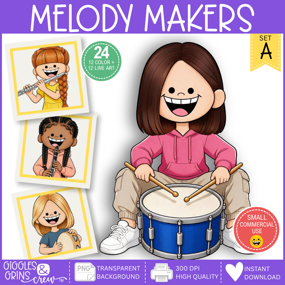 Melody Makers girls with instruments clip art - commercial use bundle