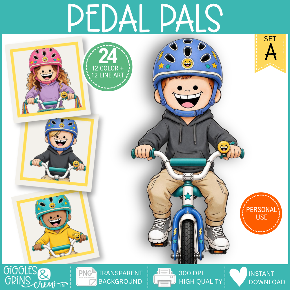 Pedal Pals Kids Riding Bikes Clip Art | Outdoor Play & Bicycle Graphics