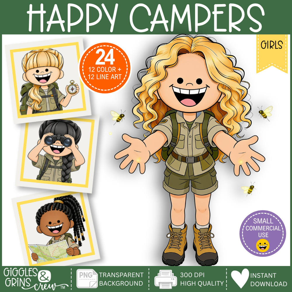 Happy Campers – Girls Camping Clip Art | Commercial Use Bundle