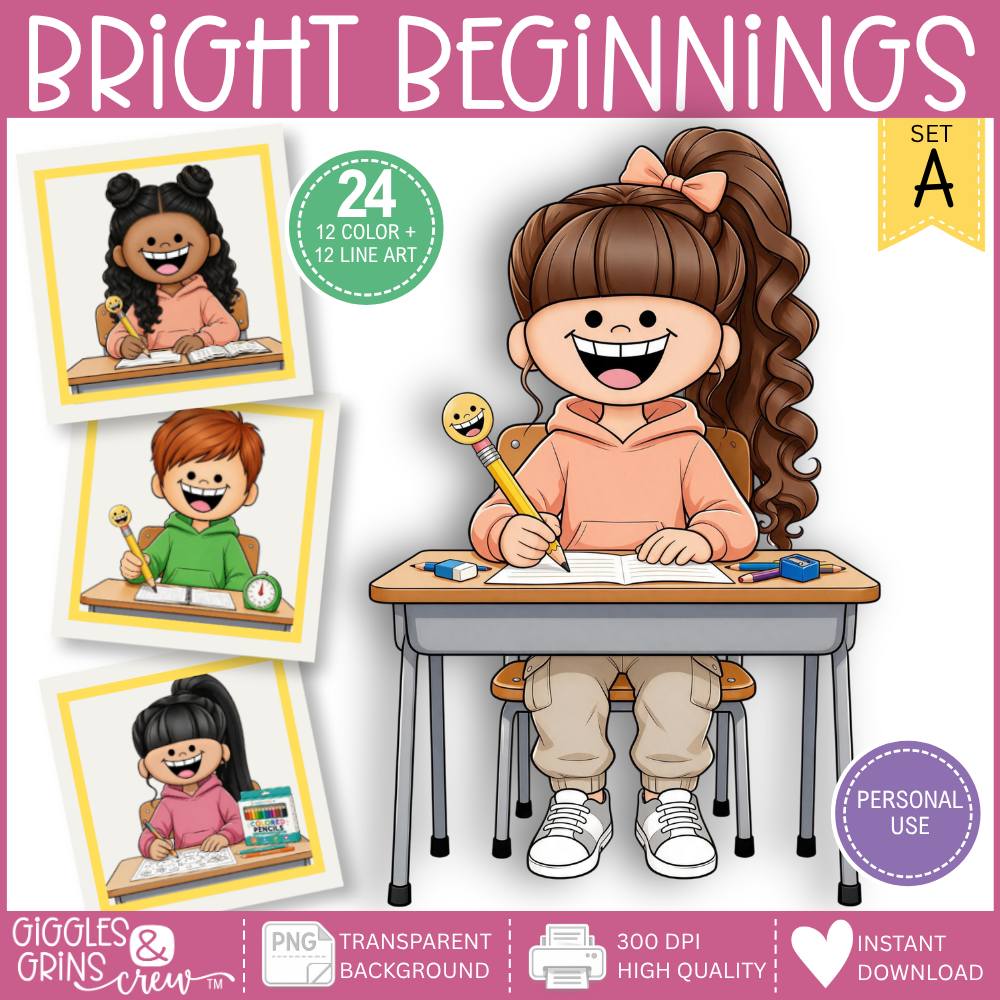 Bright Beginnings Girls at Desks Clip Art | School & Classroom Graphics