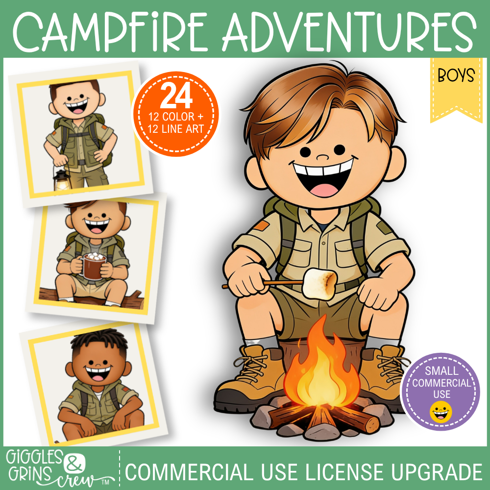 Campfire Adventures – Boys Camping Clip Art | Commercial Use License Upgrade