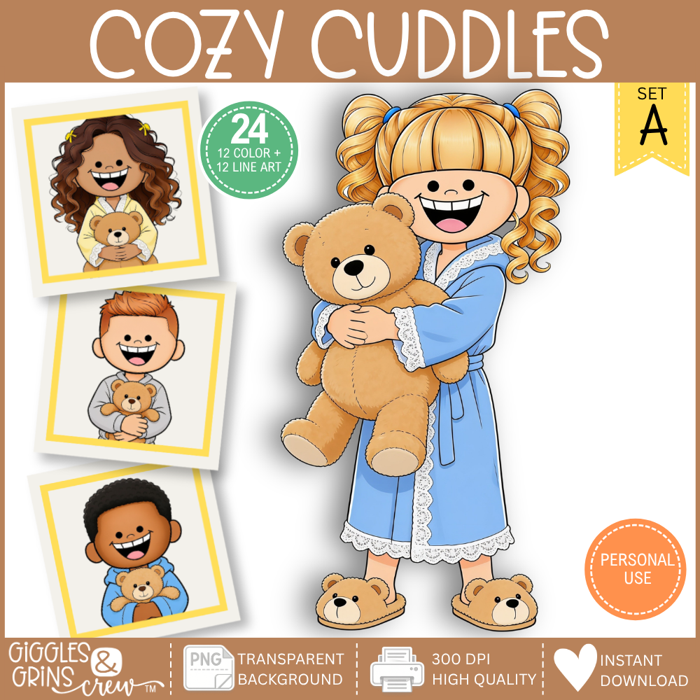 Cozy Cuddles – Kids in Pajamas with Teddy Bears Clip Art