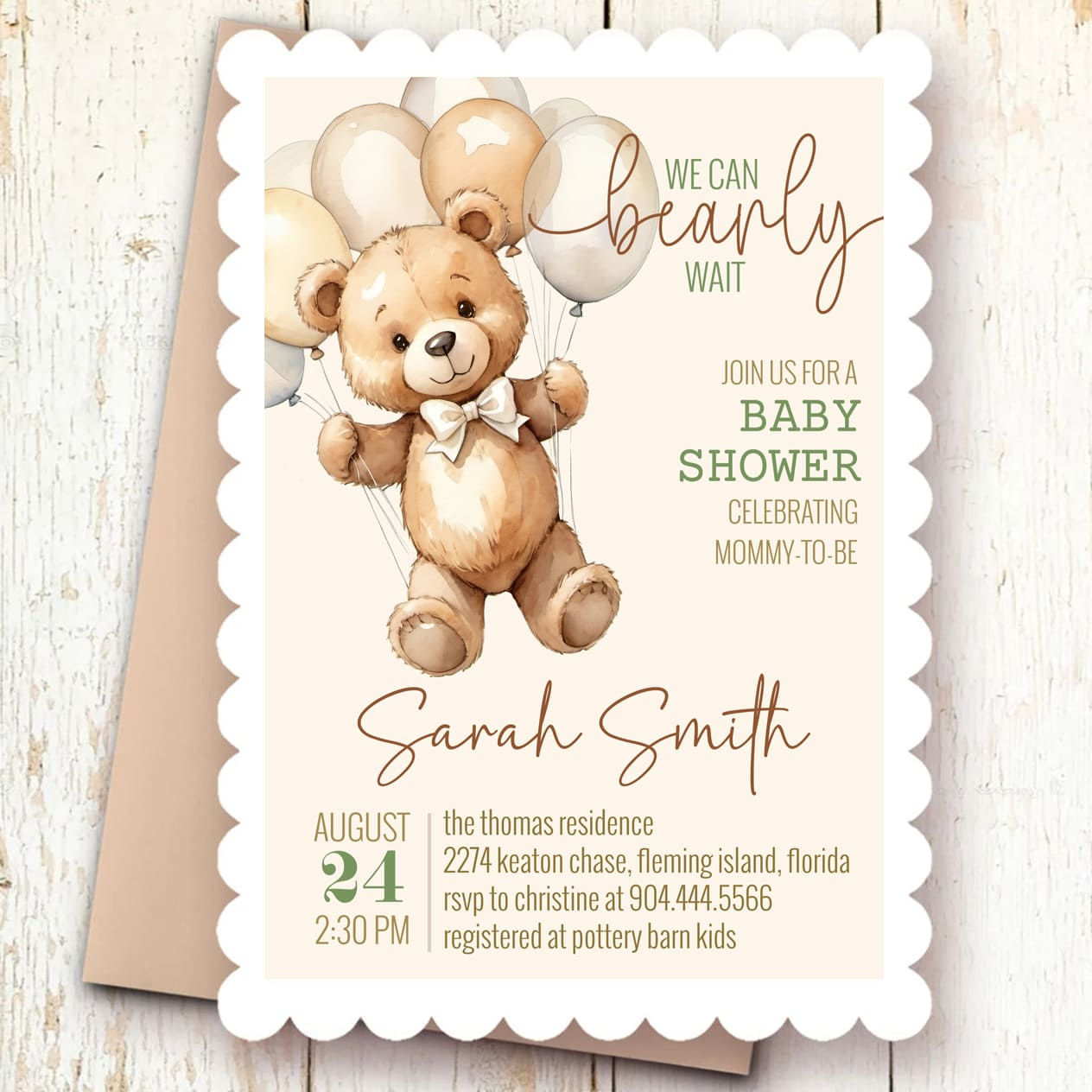 Baby Shower Invitation • Bearly Wait • Cream Balloons • Editable Corjl Template