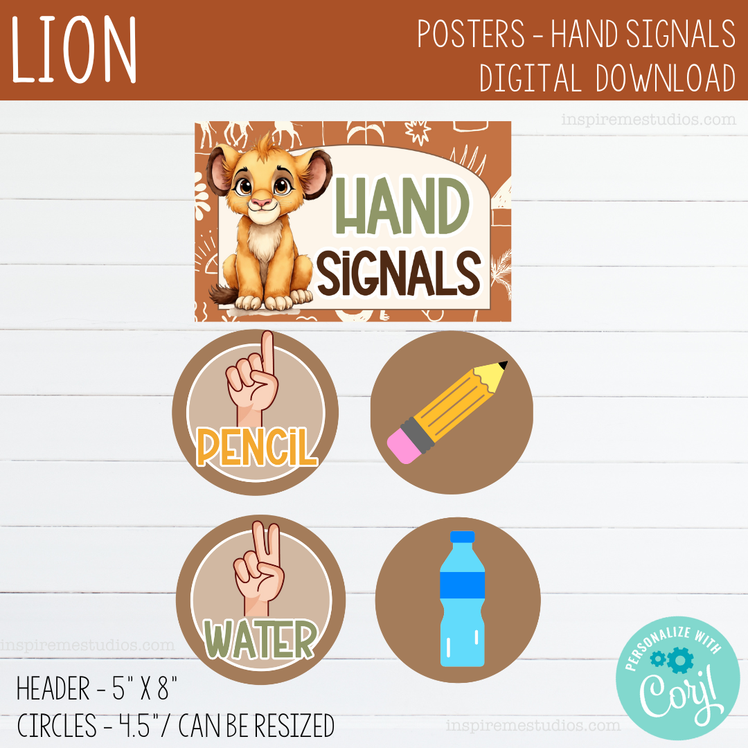 LION - Hand Signal Posters - Editable Classroom Management Décor - Safari