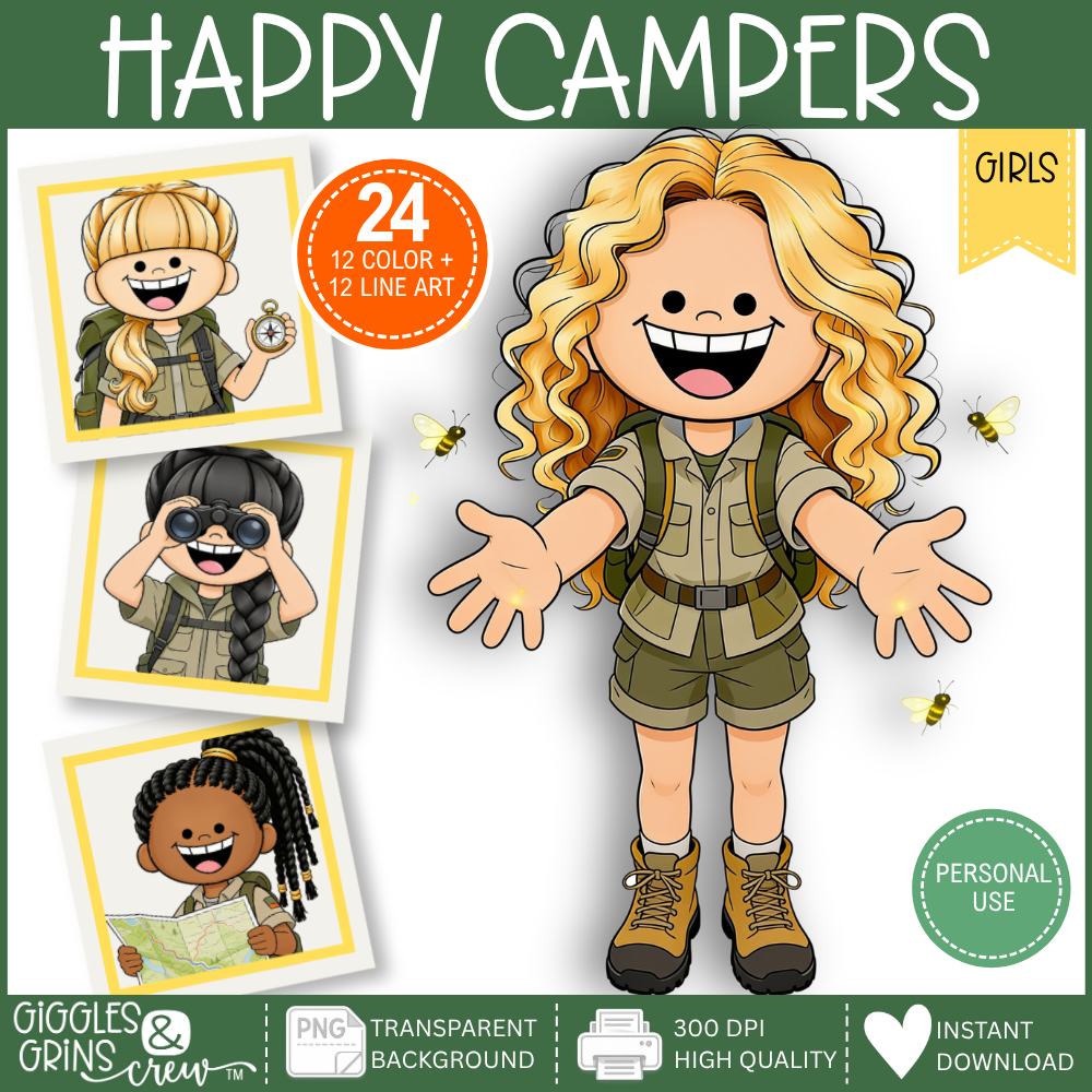 Happy Campers – Girls Camping Clip Art
