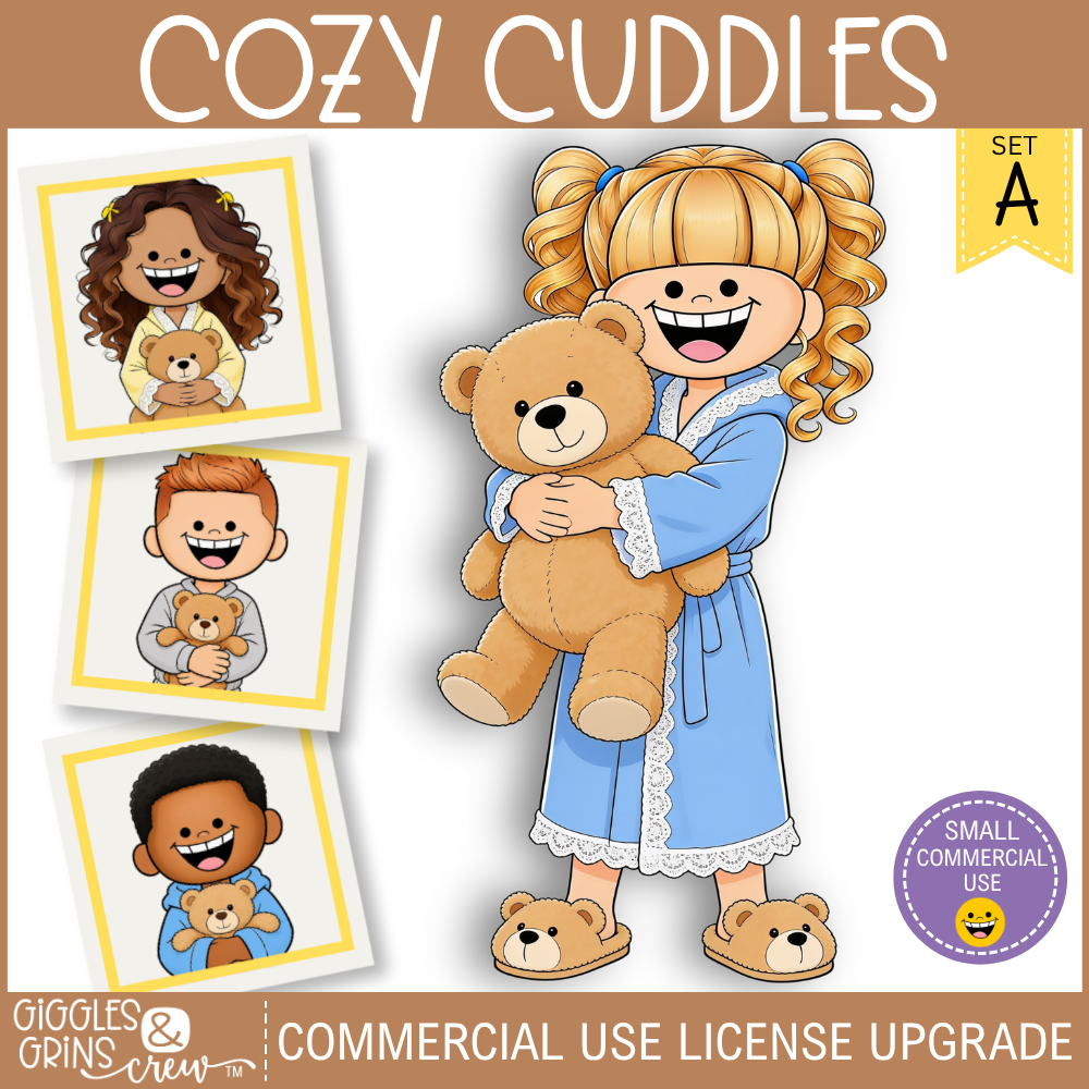 Cozy Cuddles – Kids in Pajamas with Teddy Bears | Commercial Use License Upgrade