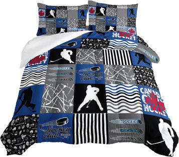 HOSIMA Ice Hockey Comforter Set for Boys Kids Teens Bedroom Decor, Soft Microfiber Sports Theme Blue and Gray Hockey Bedding with 2 Pillowcases,Hockey Player Bedding Comforters & Sets.