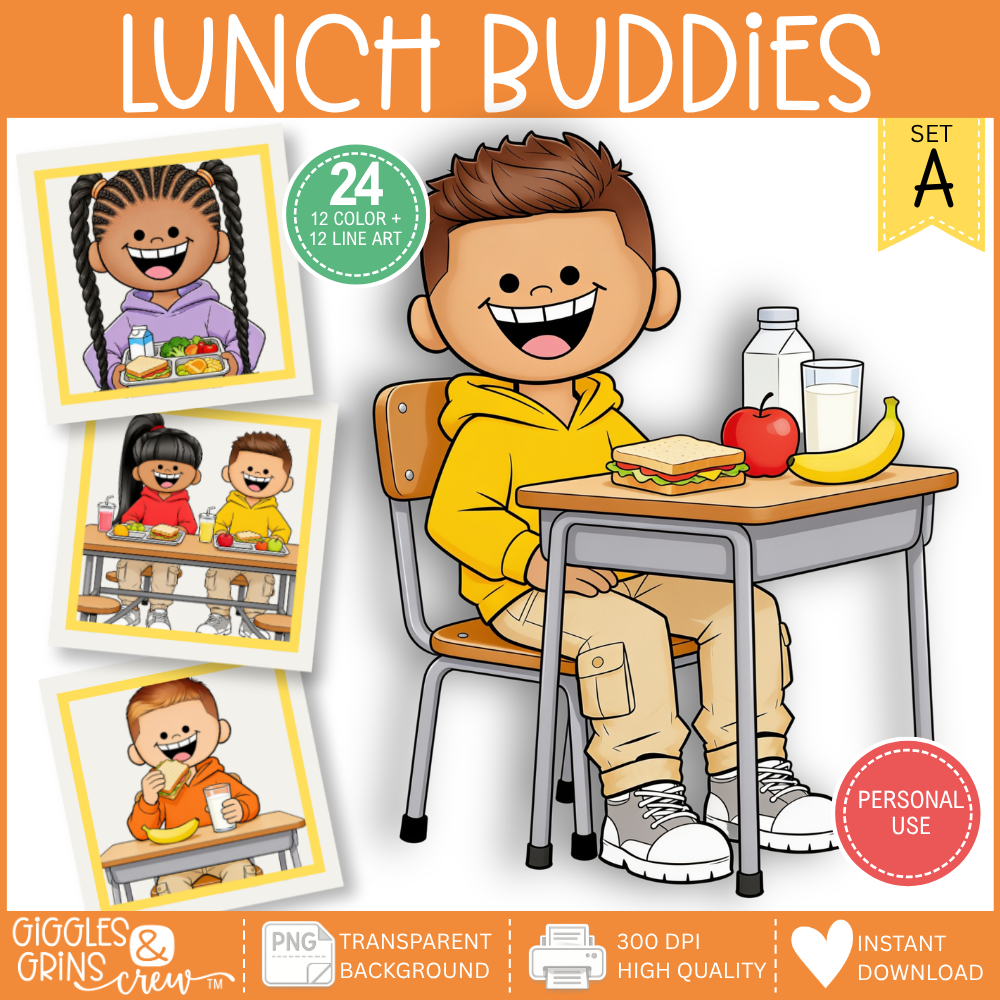 Lunch Buddies kids eating lunch clip art - school cafeteria and lunchtime graphics