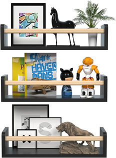 Black Floating Book Shelves for Wall, 16 Inch Nursery Book Shelves, Floating Shelves for Room for Nursery Decor Book Selves for Wall Room, Living Room, Kitchen Spice Rack, Black-Natural, Set of 3