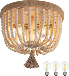 Boho Flush Mount Ceiling Light Wooden Beaded Hepm Rope Oak Withe Farmhouse Beaded Chandelier Light Fixture 3 Lights for Nursery Bedroom Hallway Entryway Included Bulbs