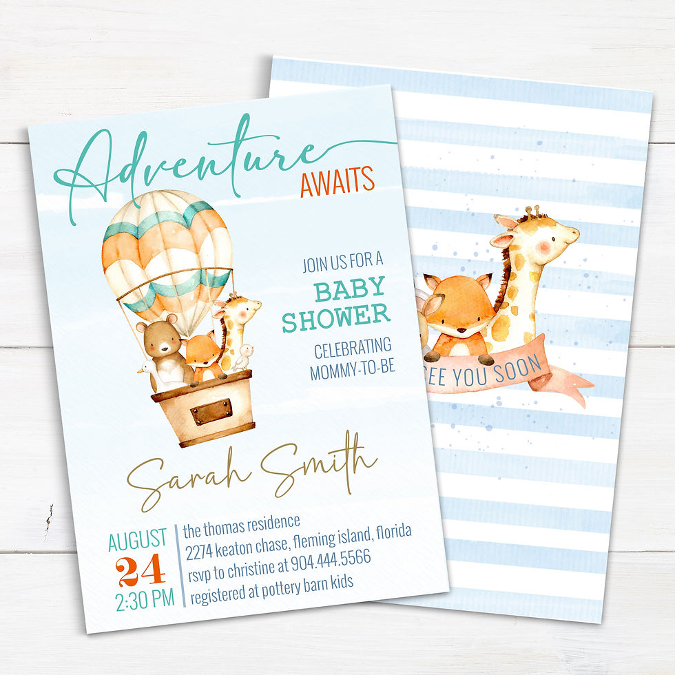 Thumbnail: Baby Shower Invitation • Adventure Awaits  Air Balloon • Editable Corjl Template
