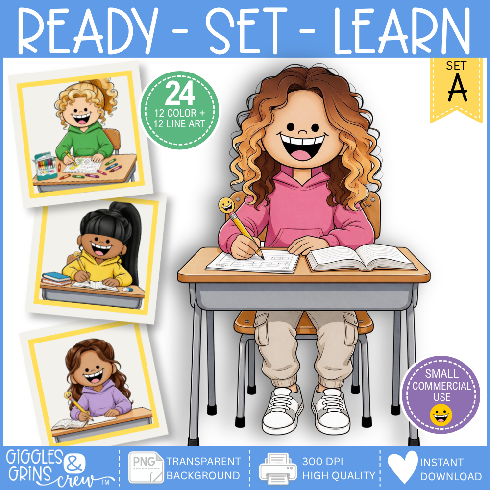 Ready Set Learn girls at desks clip art - classroom and school graphics