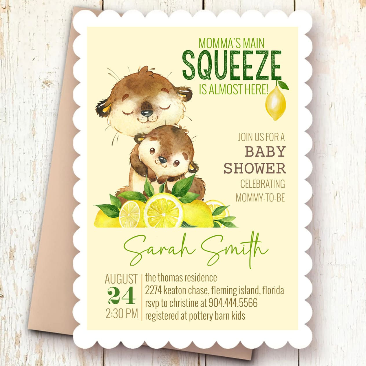Lemon Otter Baby Shower Invitation • Main Squeeze • Editable Corjl Template