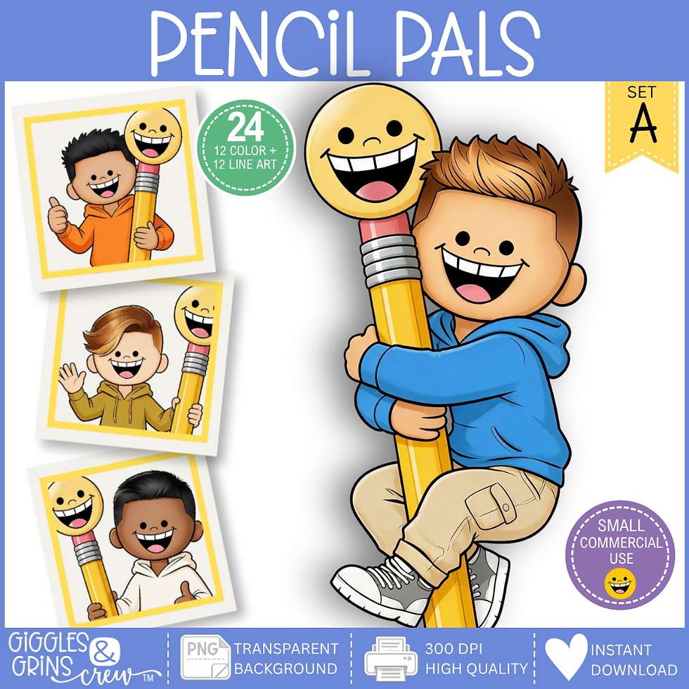 Pencil Pals kids with giant pencils clip art - color and line art classroom graphics