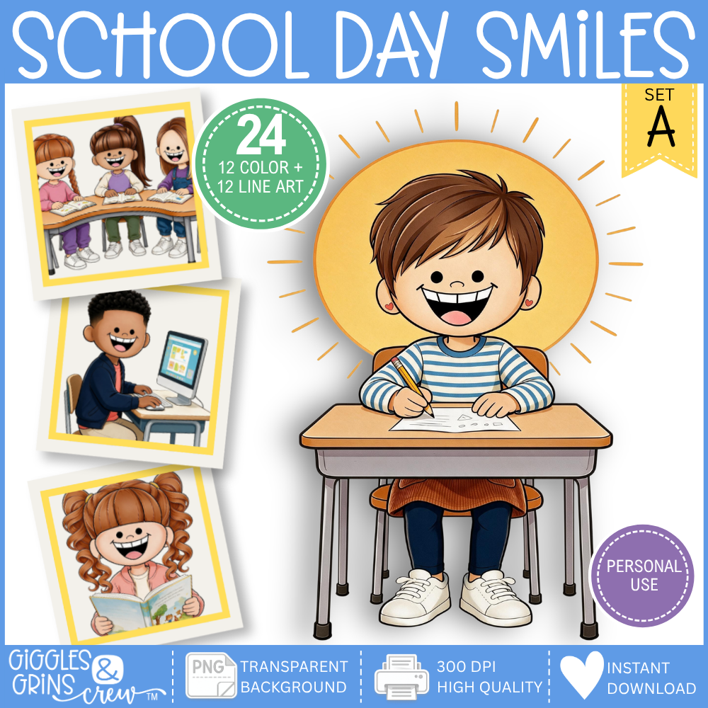 School Day Smiles Kids Clip Art | Classroom Graphics - Set A