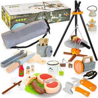 Wooden Camping Toys Set for Kids, 45 pcs Camping Gears and Grill Bonfire Toys with Play Food & Storage Bag, Indoor Outdoor Pretend Play Set Gift for Boys Girls Age 3+