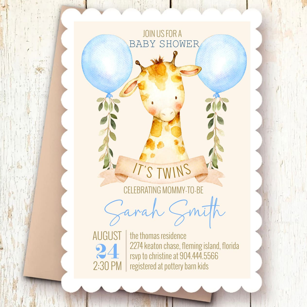 Editable TWINS Giraffe - Baby Shower - Invitation and Party Decor Set