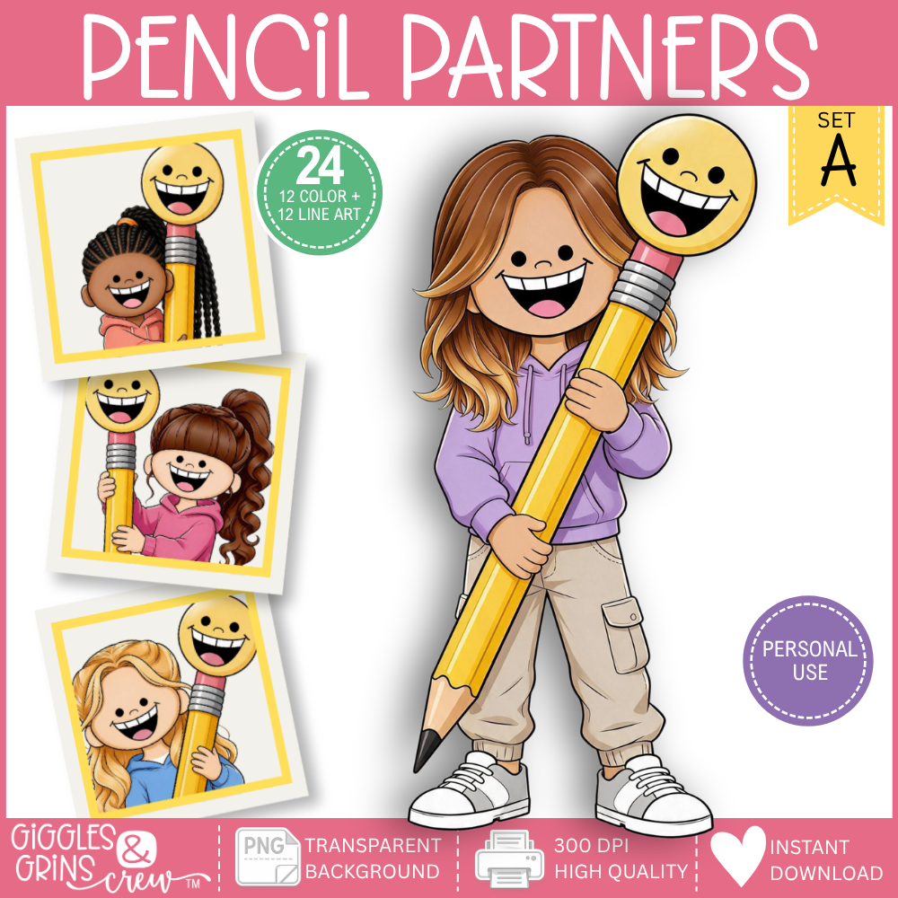 Pencil Partners girls with giant pencils clip art
