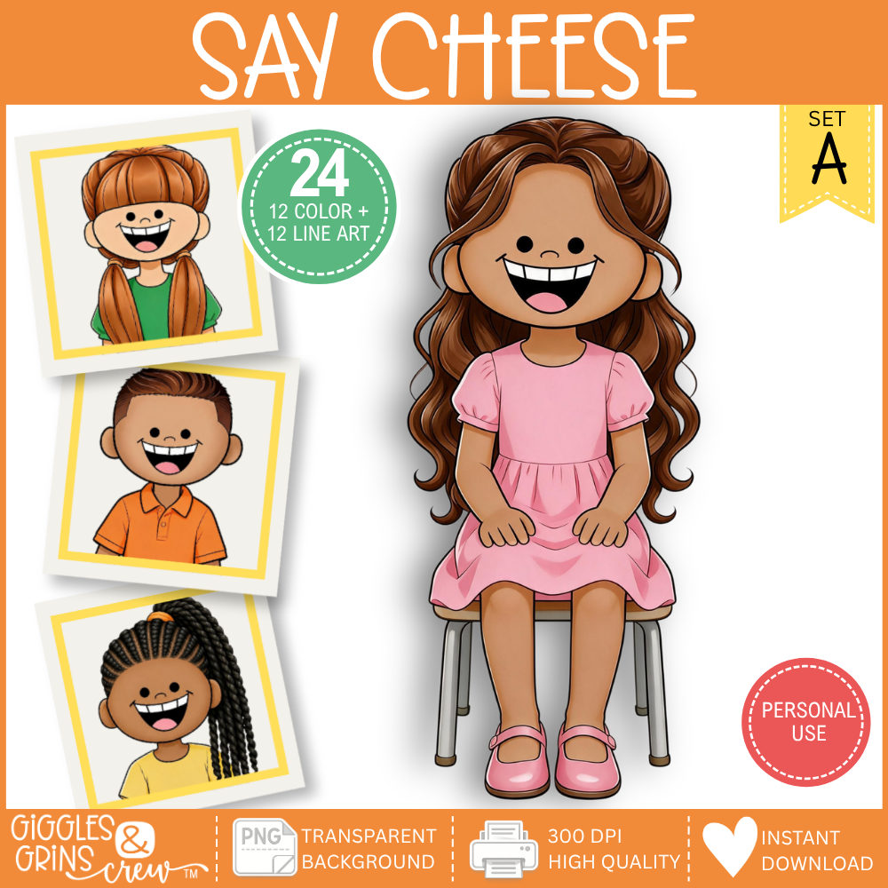 Say Cheese school picture day kids clip art collection with color and line art graphics