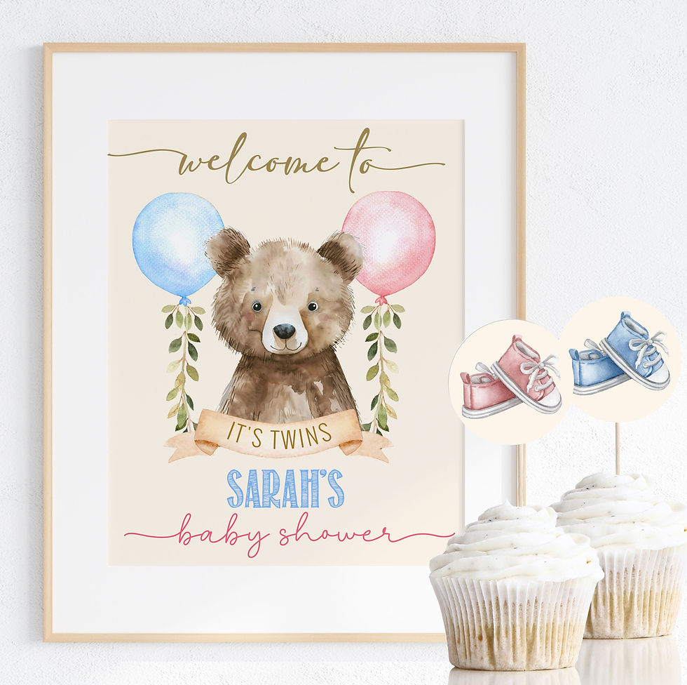 Thumbnail: Editable TWINS Teddy Bear - Baby Shower - Invitation and Party Decor Set