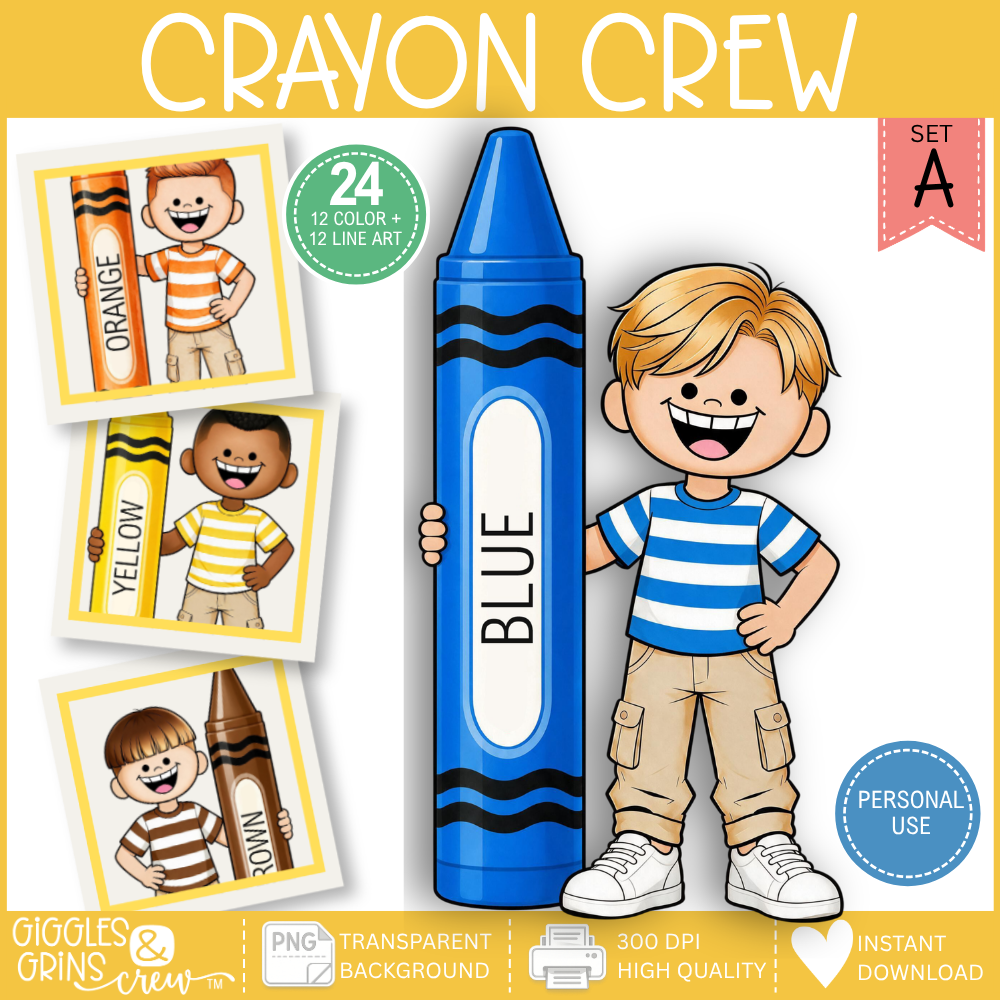 Crayon Crew – Boys with Oversized Crayons Clip Art