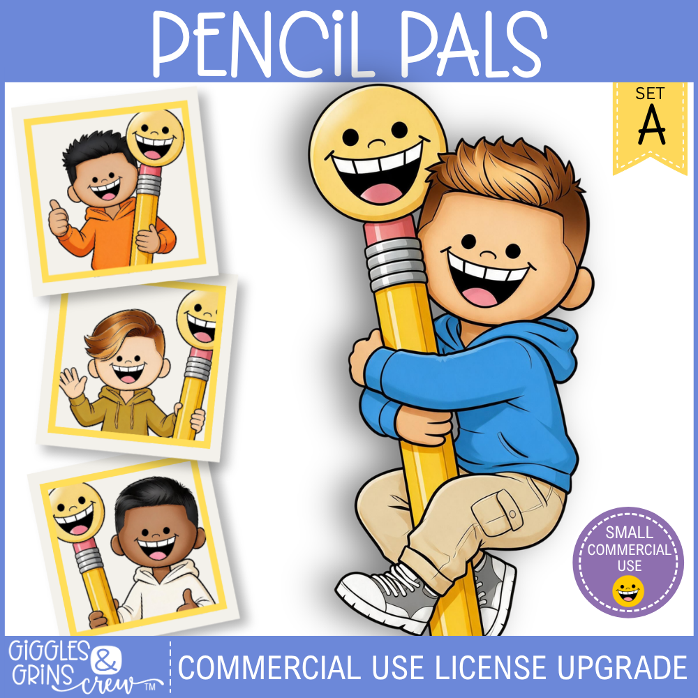 Pencil Pals kids with giant pencils clip art