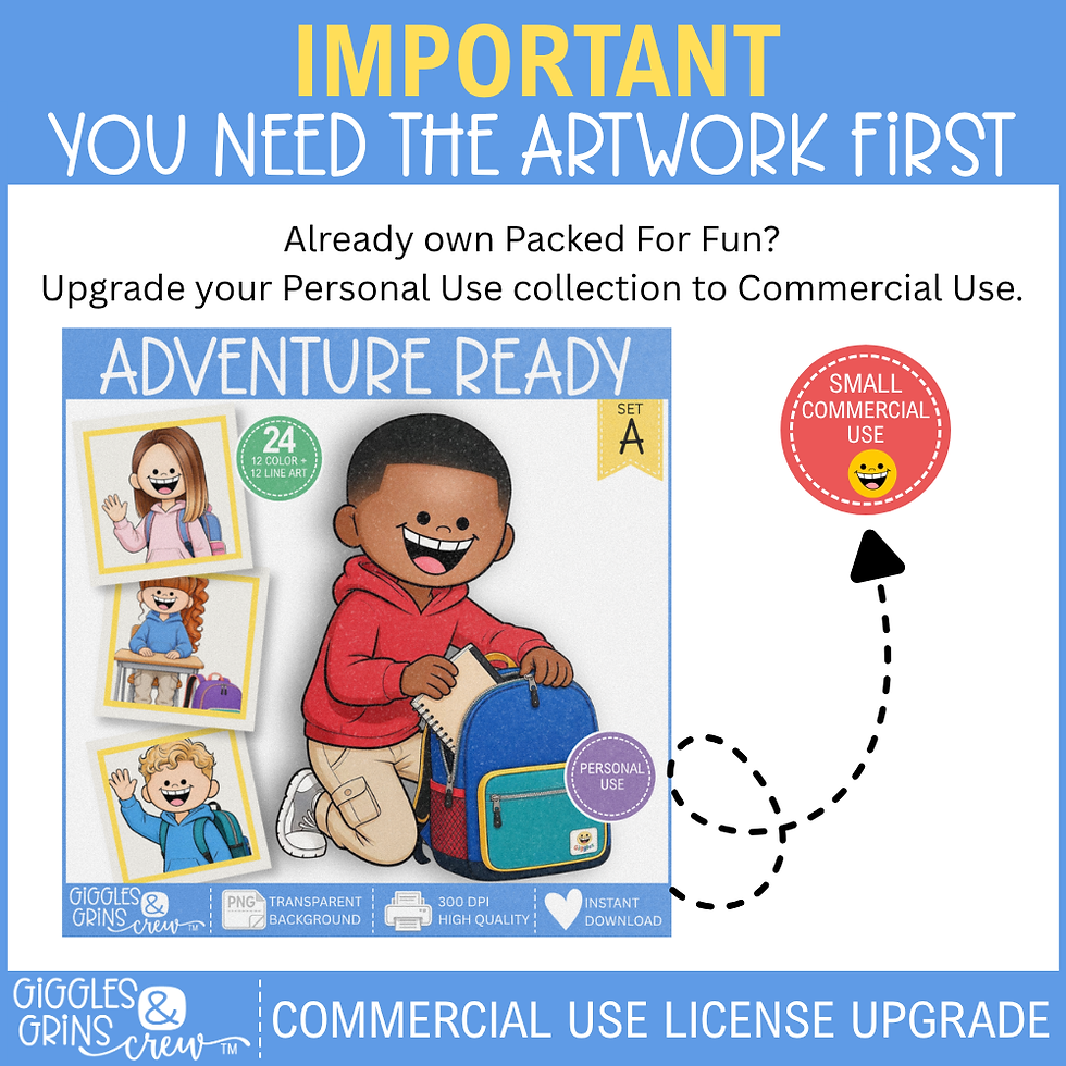 Packed for Fun kids with backpacks clip art - commercial use license upgrade