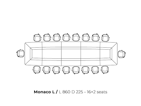 Dimensions of the 18-seater rectangular boardroom table Monaco L: 860 x 225 cm.
