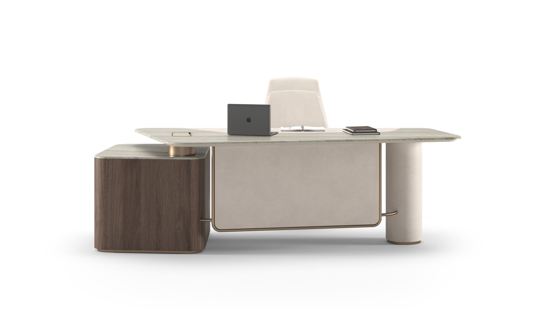 A luxury executive desk with connection box or connectivity for high-end and modern projects, with walnut planked veneer, silk giorgette marble, cream leather, and brushed champagne metal inserts, drawers (Atoll - TURADI)