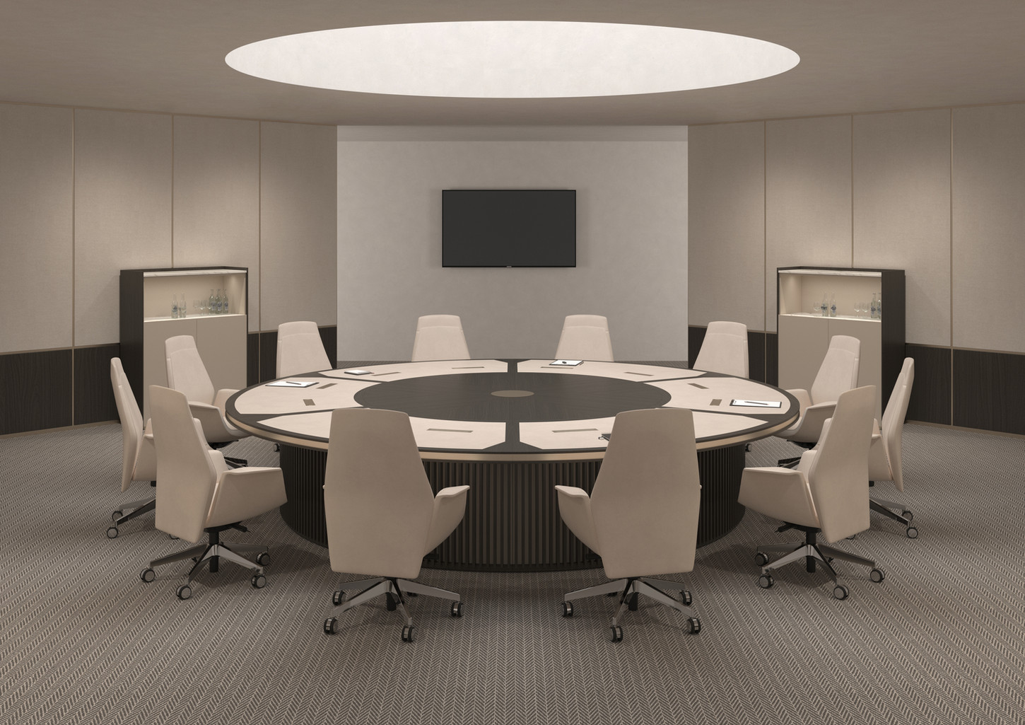 An 8-seater, 12-seater or 18-seater round meeting table with black wood veneer, milky white leather and champagne metal accents, arranged for high-end boardroom and conference use in corporate and institutional environments, made in Italy (Vega Closed - TURADI)