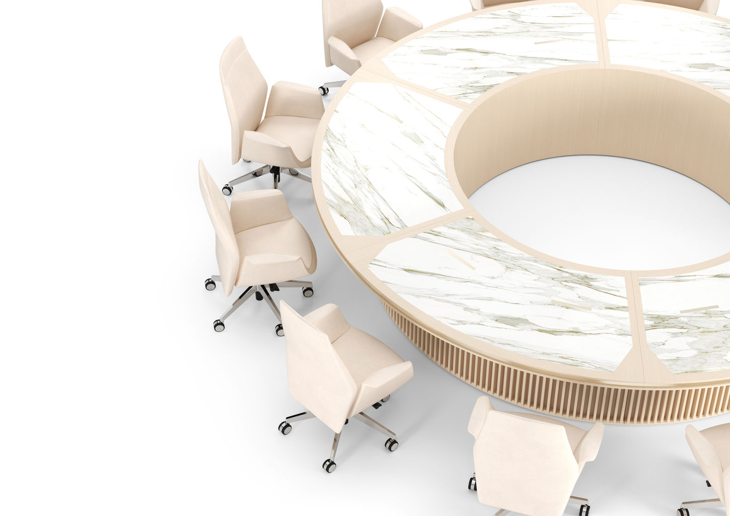 A round meeting table with an open core or middle, surrounded by Poltrona Frau executive chairs, white background (Vega Open - TURADI)