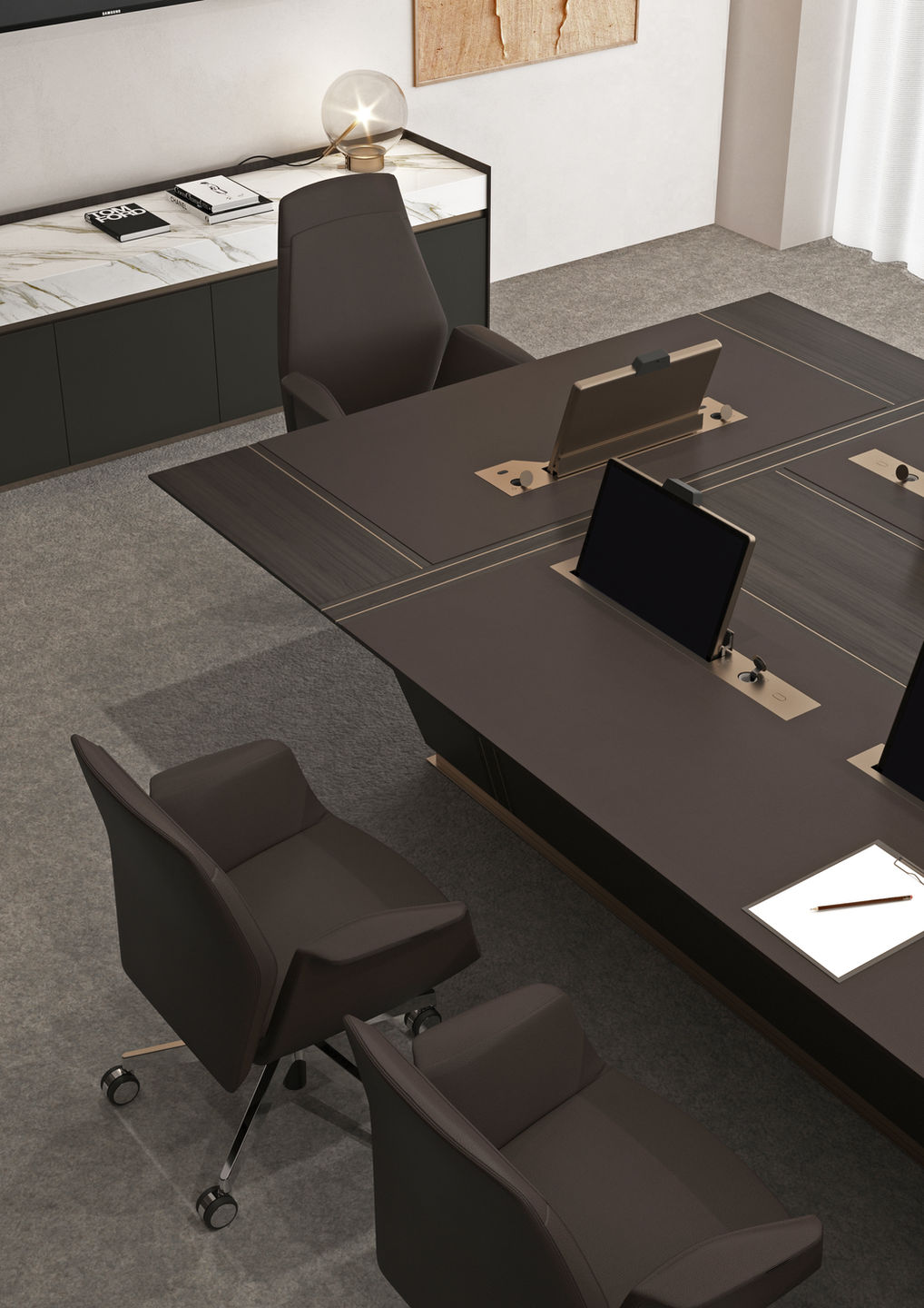 12-seater bespoke rectangular boardroom table with motorized monitors and microphones for smart meetings (Clino - Turadi)