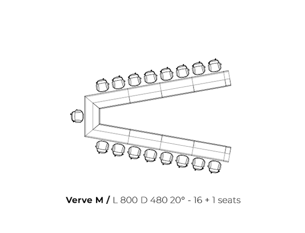 Dimensions of the 17-seater V-shaped boardroom table Verve M: 800 x 400 cm.
