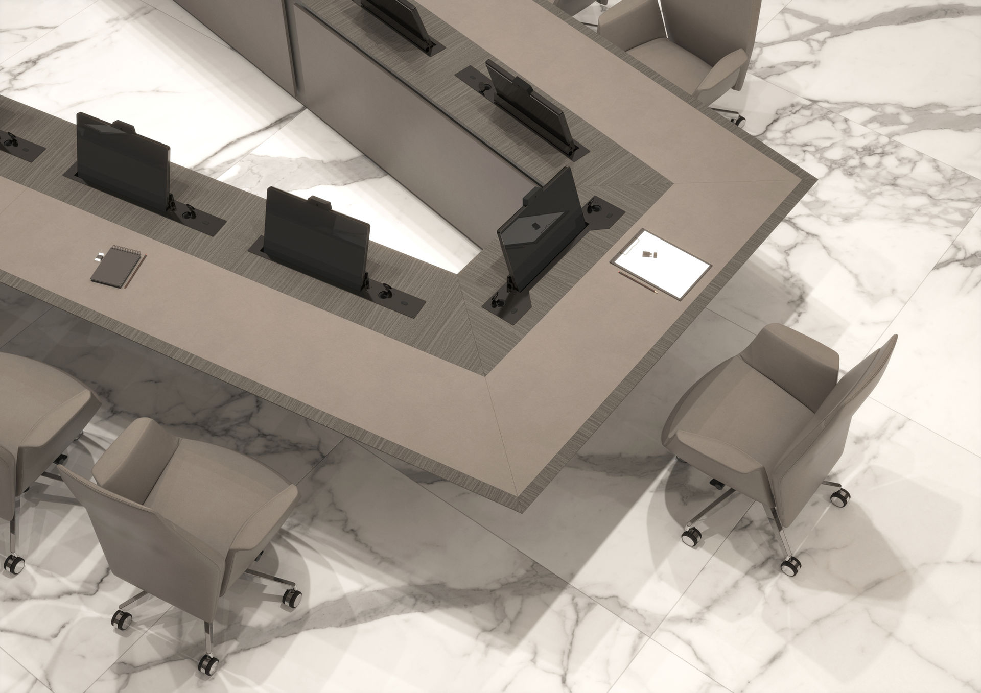 designer V-shaped conference table with built-in monitors and microphones for luxury government projects (Verve - Turadi)