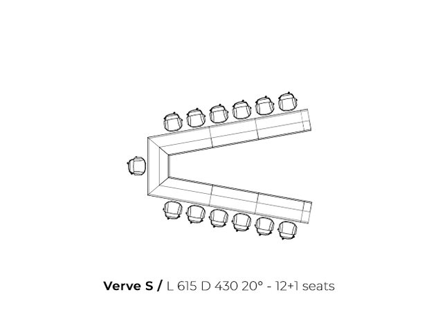 Dimensions of the 13-seater V-shaped boardroom table Verve S: 615 x 430 cm.
