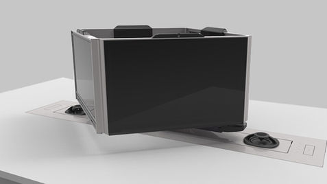 Monitors for four people sitting on opposite sides, integrated into a modern white desk.