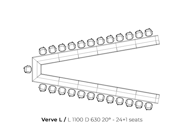 Dimensions of the 25-seater V-shaped boardroom table Verve L: 1100 x 630 cm.