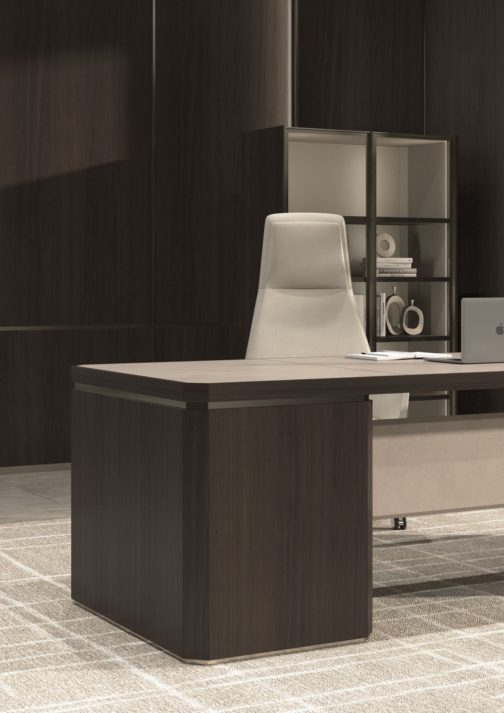 Executive desk with leather modesty panel and bold colors, for modern corporate offices (RAY Executive Desk – TURADI)