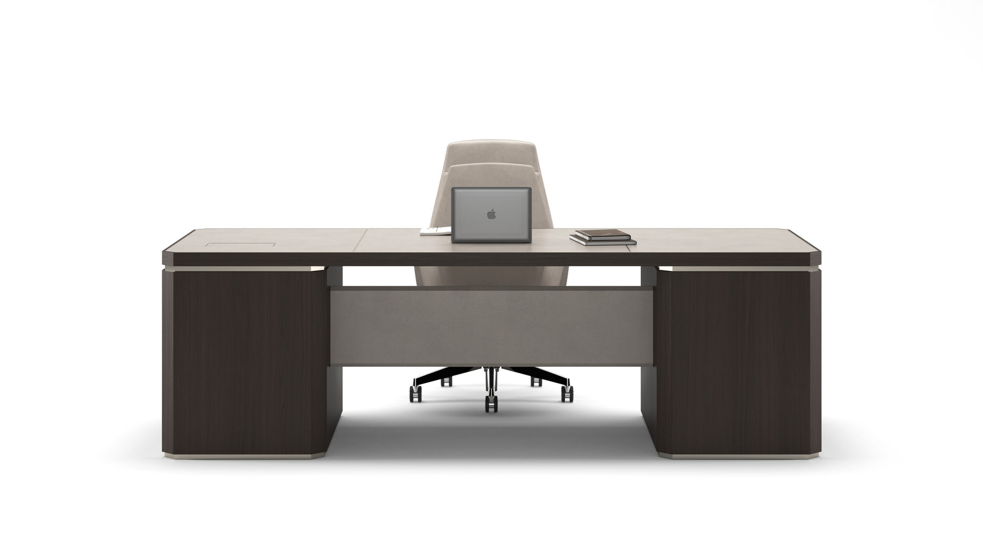 Executive desk with two pedestals, featuring brown wood veneer, cream leather panels, integrated drawers, for world leaders and presidents, with a designer chair, made in Italy (RAY Executive Desk – TURADI)